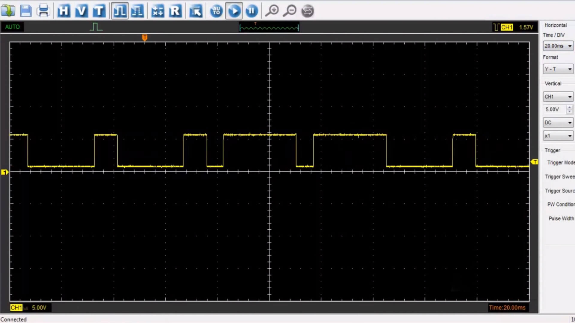 Gráfico do osciloscópio (oscilogramas) do sensor Hall para o veículo Audi A4 2.0 16V Turbo FSI 180cv.